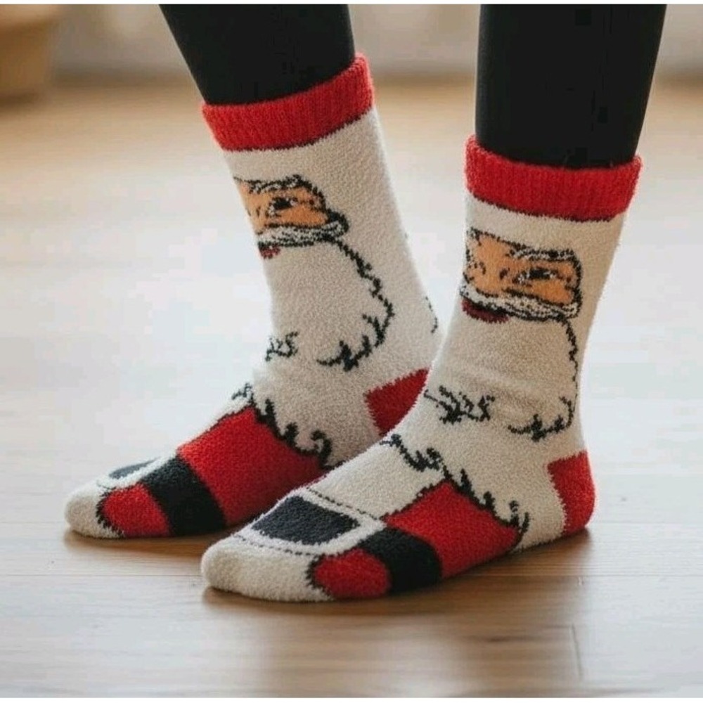 Mens Sz 6-12 Christmas Socks‎ Santa Claus Fuzzy Crew Length